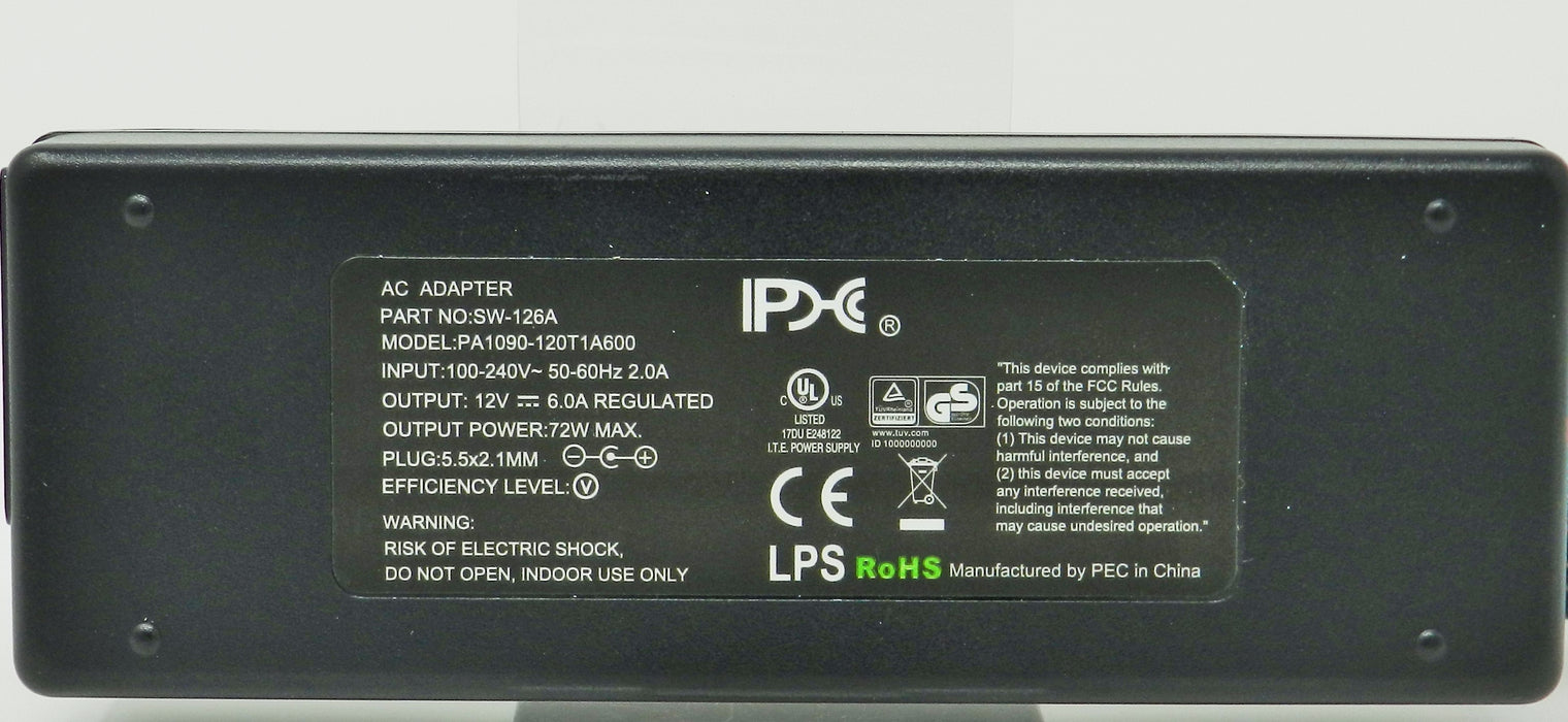 AC-DC Switching Regulated Power Supply 12VDC @ 6000mA; 2.1 x 5.5mm (+) center polarity; Part # SW-126A - AC-DC PowerShack