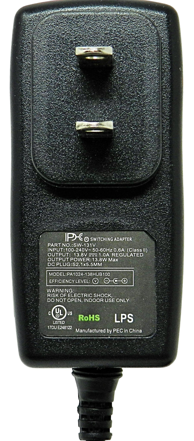 AC-DC Switching Regulated Power Supply 13.8VDC @ 1000mA; 2.1 x 5.5mm (+) center polarity; Part # SW-131V - AC-DC PowerShack