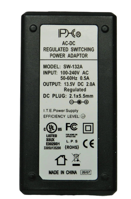 AC-DC Switching Regulated Power Supply 13.5VDC @ 2000mA; 2.1 x 5.5mm (+) center polarity; Part # SW-132A - AC-DC PowerShack