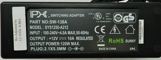 AC-DC Switching Regulated Power Supply 13.5VDC @ 8888mA; 2.1 x 5.5mm (+) center polarity; Part #: SW-138A - AC-DC PowerShack