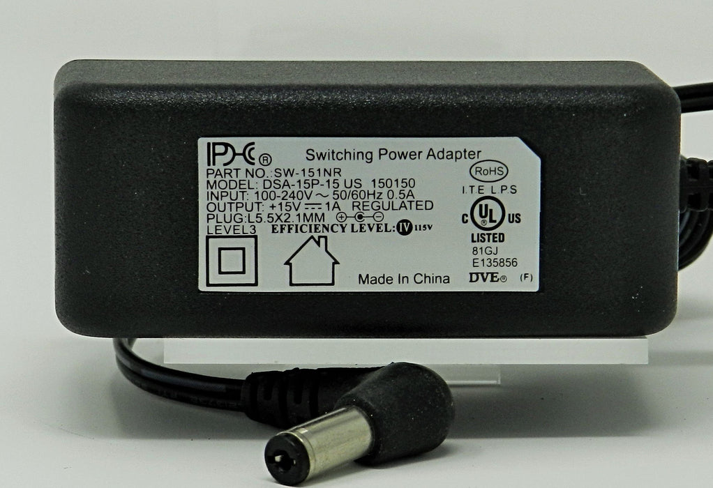 AC-DC Switching Regulated Power Supply 15VDC @ 1000mA; 2.1 x 5.5mm NEGATIVE center polarity; Part # SW-151NR - AC-DC PowerShack