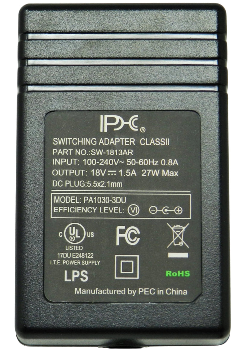 AC-DC Switching Regulated Power Supply 18VDC @ 1500mA; 2.1 x 5.5mm (+) center polarity; Part #: SW-1813AR - AC-DC PowerShack