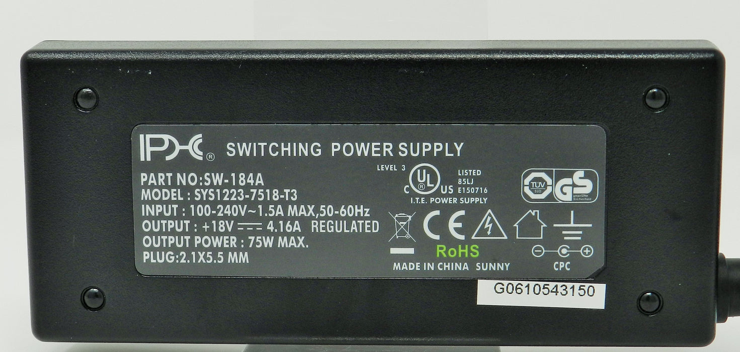 AC-DC Switching Regulated Power Supply 18VDC @ 4160mA; 2.1 x 5.5mm (+) center polarity; Part # SW-184A - AC-DC PowerShack