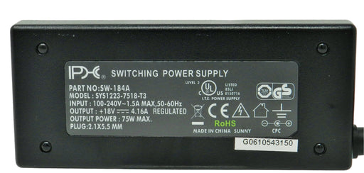 AC-DC Switching Regulated Power Supply 18VDC @ 4160mA; 2.1 x 5.5mm (+) center polarity; Part # SW-184A - AC-DC PowerShack