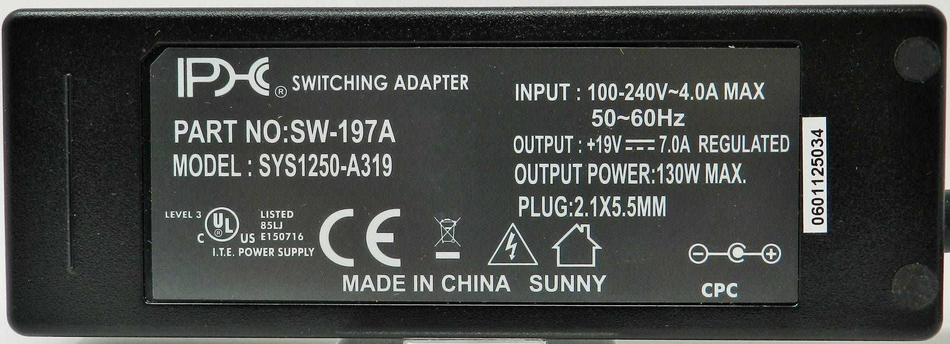 AC-DC Switching Regulated Power Supply 19VDC @ 7000mA; 2.1 x 5.5mm (+) center polarity; Part # SW-197A - AC-DC PowerShack