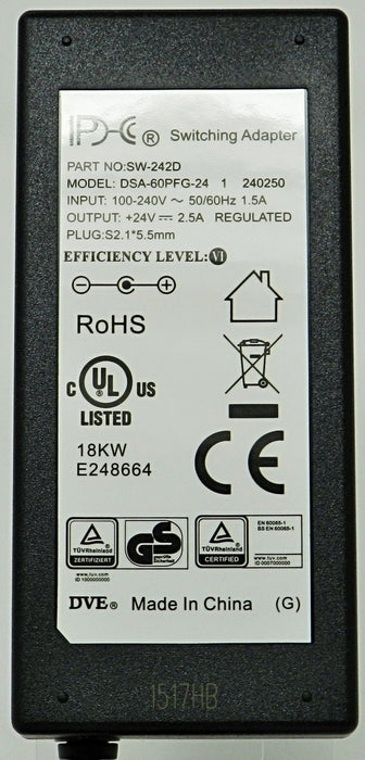 AC-DC Switching Regulated Power Supply 24VDC @ 2500mA; 2.1 x 5.5mm (+) center polarity; Part # SW-242D - AC-DC PowerShack
