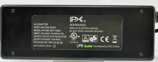 AC-DC Switching Regulated Power Supply 24VDC @ 3000mA; 2.1 x 5.5mm (+) center polarity; Part # SW-243A - AC-DC PowerShack