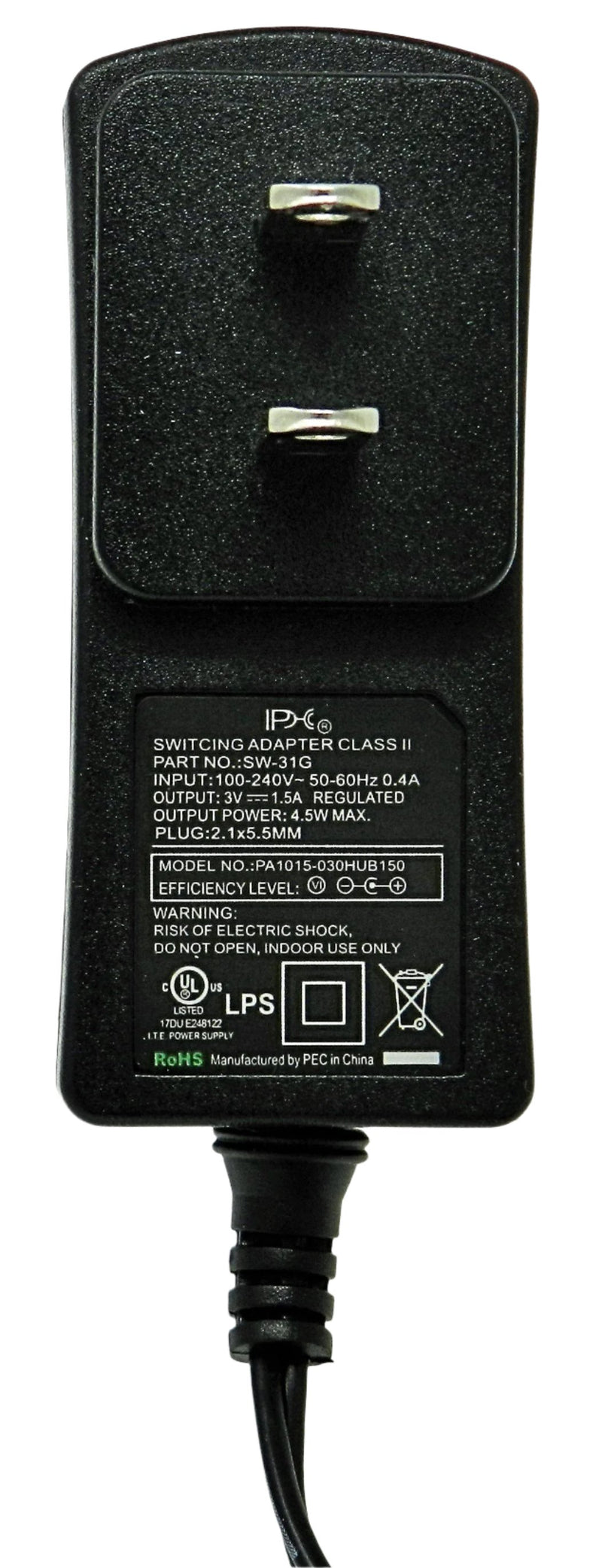 AC-DC Switching Regulated Power Supply 3VDC @ 1500mA; 2.1 x 5.5mm (+) center polarity; Part # SW-31G - AC-DC PowerShack