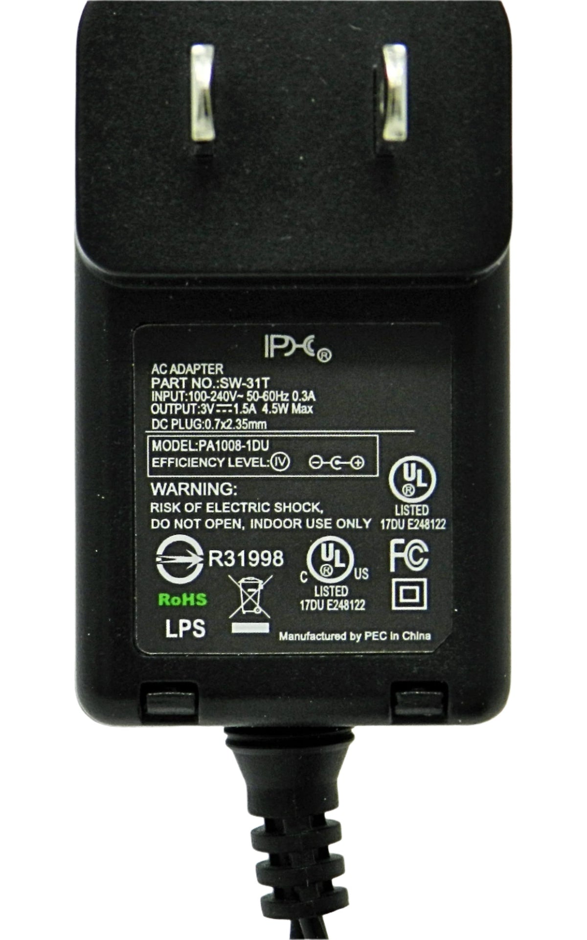 AC-DC Switching Regulated Power Supply 3VDC @ 1500mA; 0.7 x 2.35mm ...