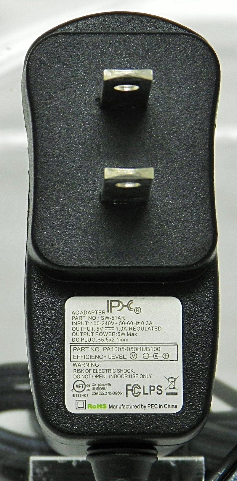 AC-DC Switching Regulated Power Supply 5VDC @ 1000mA; 2.1 x 5.5mm (+) center polarity; Part # SW-51AR - AC-DC PowerShack