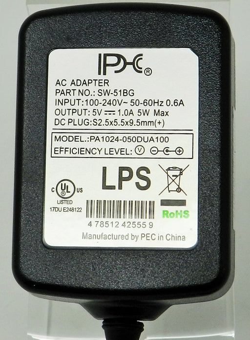 AC-DC Switching Regulated Power Supply 5VDC @ 1000mA; 2.5 x 5.5mm (+) center polarity/Short Barrel; Part # SW-51BG - AC-DC PowerShack