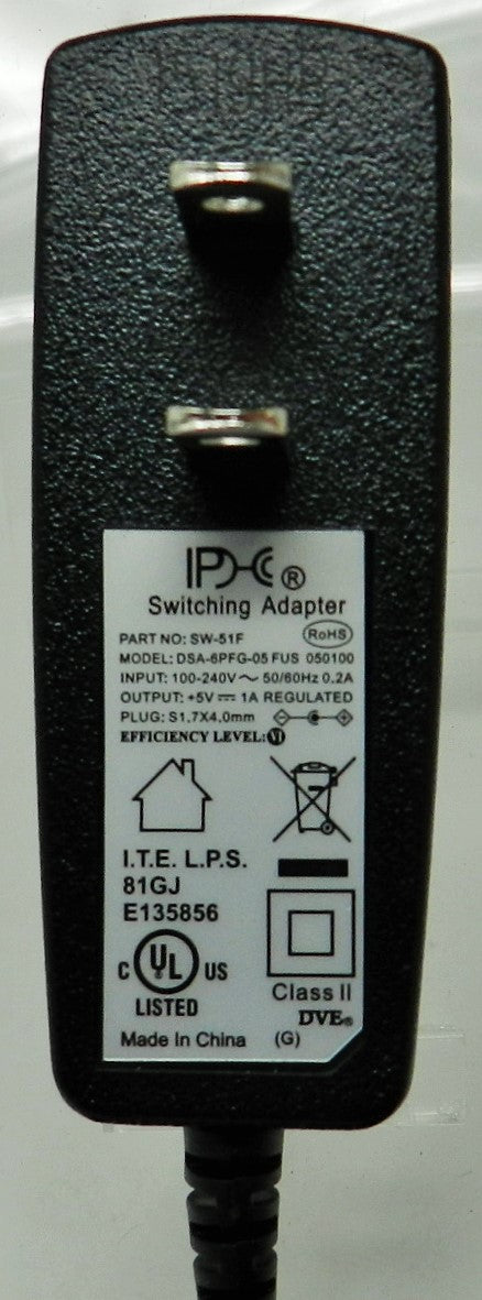 AC-DC Switching Regulated Power Supply 5.2VDC @ 1000mA; 1.7 x 4.0mm (+) center polarity; Part # SW-51F - AC-DC PowerShack