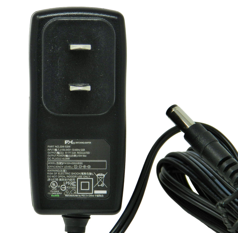 AC-DC Switching Regulated Power Supply 5VDC @ 3000mA; 2.1 x 5.5mm (+) center polarity; Part # SW-53W - AC-DC PowerShack