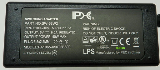 AC-DC Switching Regulated Power Supply 5VDC @ 8000mA; 2.5 x 5.5mm (+) center polarity; SW-58W2 - AC-DC PowerShack
