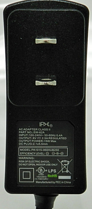 AC-DC Switching Regulated Power Supply 6VDC @ 2500mA; 2.1 x 5.5mm (+) center polarity; Part # SW-62A - AC-DC PowerShack