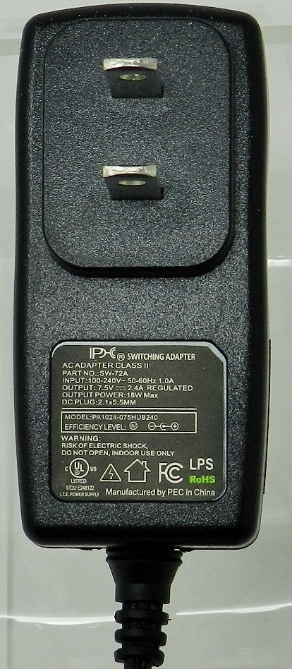 AC-DC Switching Regulated Power Supply 7.5VDC @ 2400mA; 2.1 x 5.5mm (+) center polarity; Part # SW-72A - AC-DC PowerShack