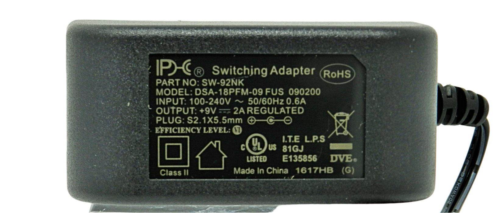 AC-DC Switching Regulated Power Supply 9VDC @ 2000mA; 2.1 x 5.5mm NEGATIVE center polarity; Part # SW-92NK - AC-DC PowerShack