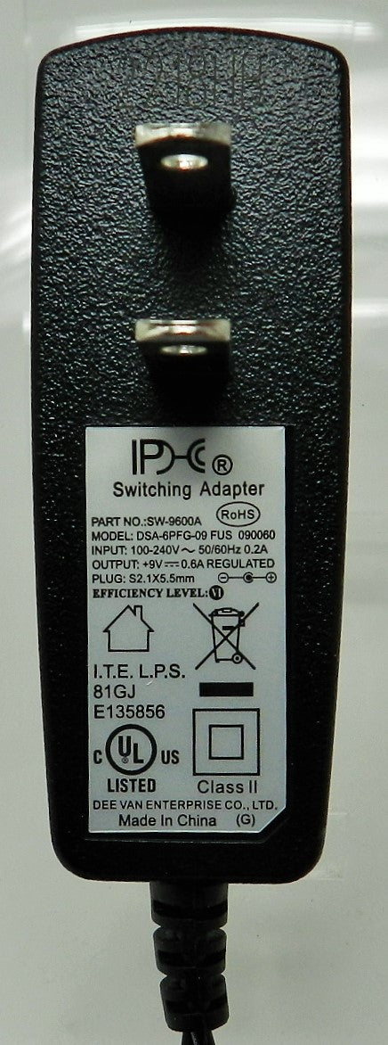 AC-DC Switching Regulated Power Supply 9VDC @ 600mA; 2.1 x 5.5mm (+) center polarity; Part # SW-9600A - AC-DC PowerShack