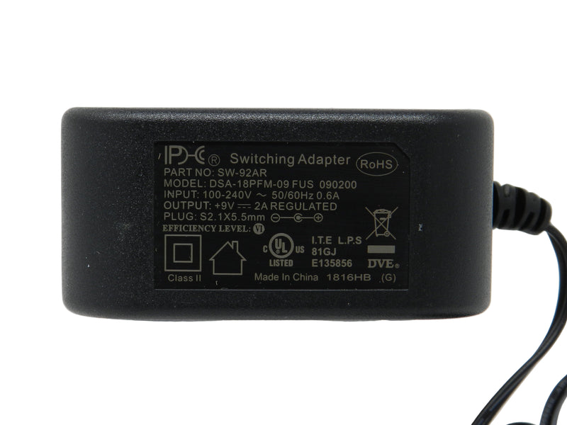 AC-DC Switching Regulated Power Supply 9VDC @ 2000mA; 2.1 x 5.5mm (+) center polarity; Part # SW-92AR - AC-DC PowerShack